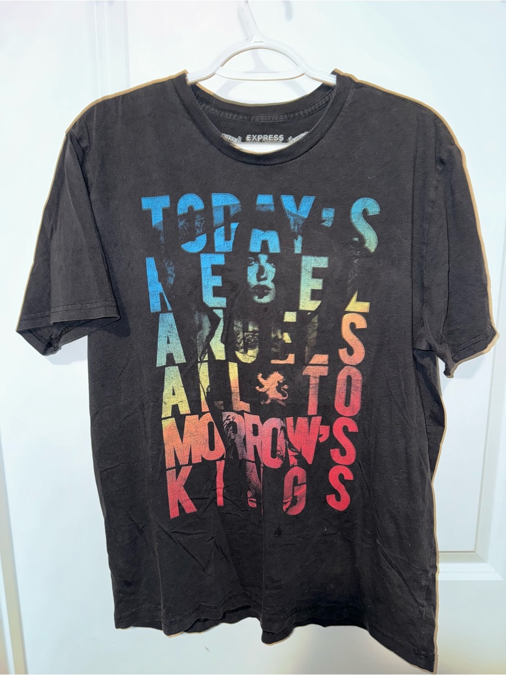 Express Men’s Black Graphic Tee with Multicolor Lettering
